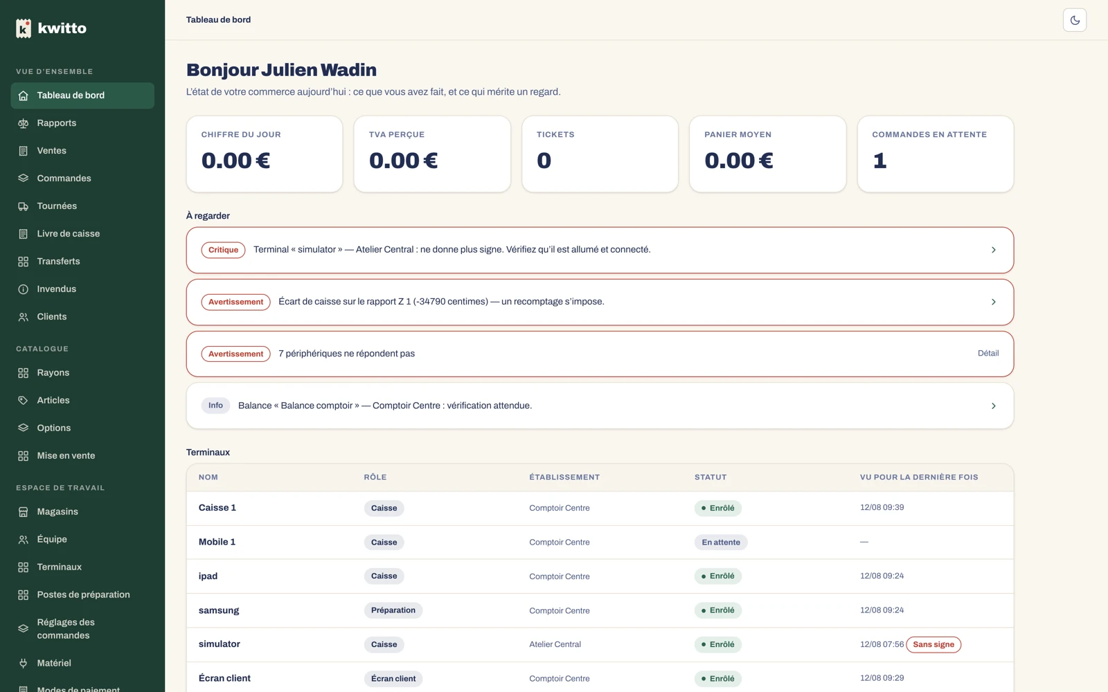 Tableau de bord du back-office : chiffres du jour, alertes sur un terminal et un écart de caisse, et le tableau des terminaux avec leur rôle et leur statut.