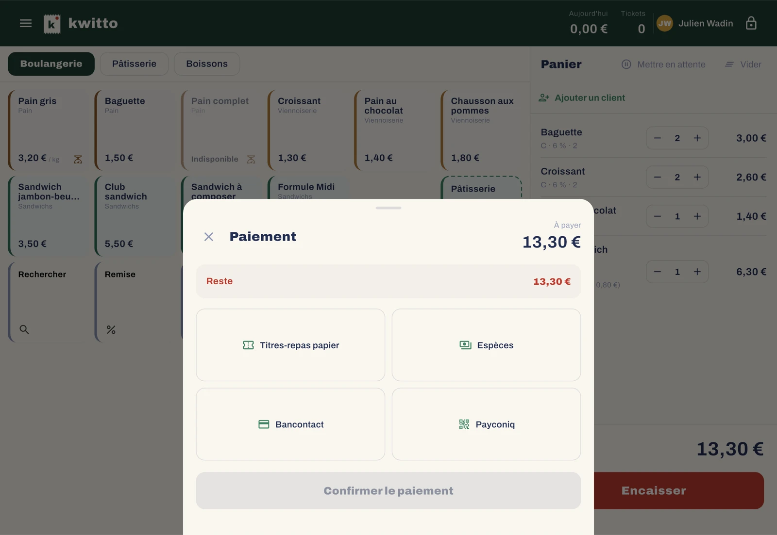 Écran de paiement : Bancontact, Payconiq, titres-repas papier et espèces, pour un montant de 13,30 € à payer.
