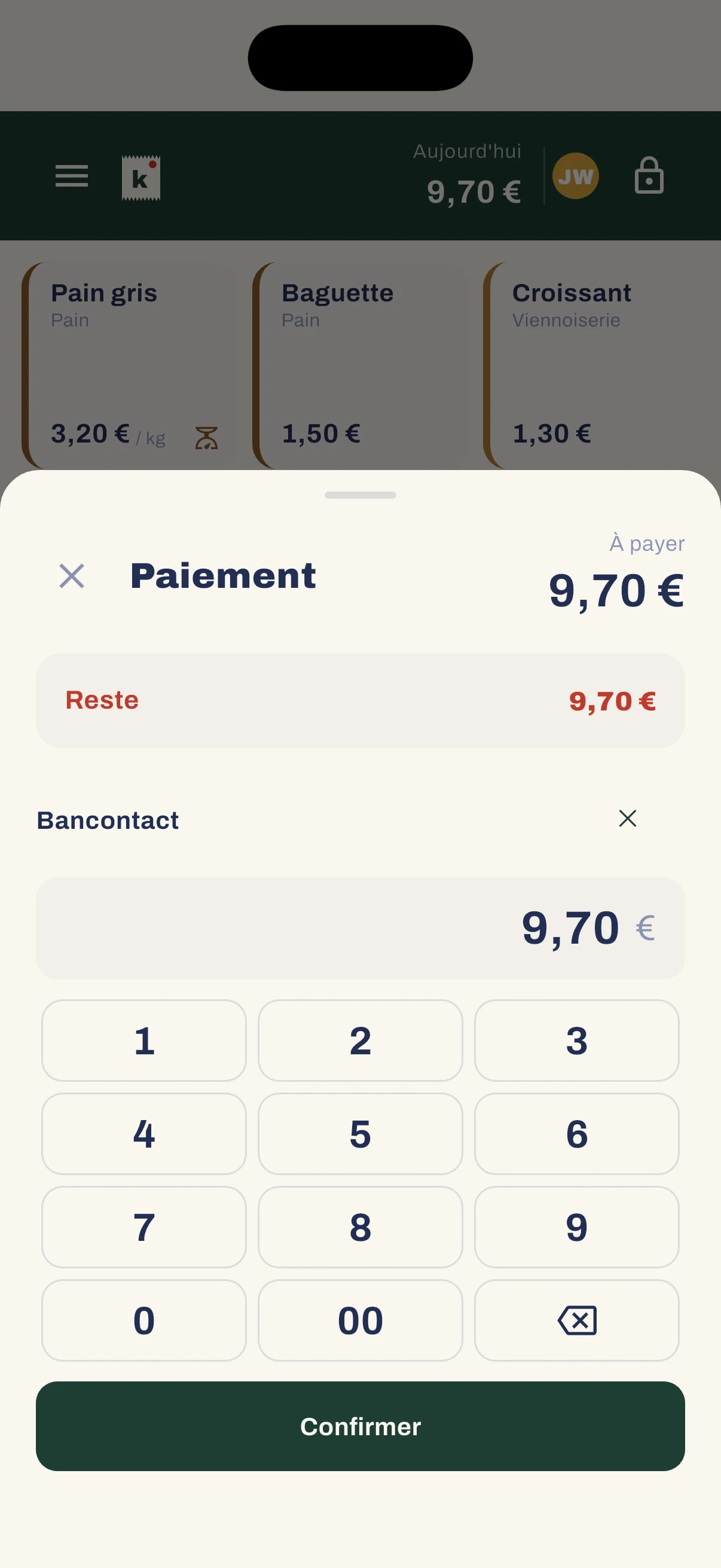 Betaalscherm op smartphone: Bancontact geselecteerd voor een bedrag van 9,70 €.