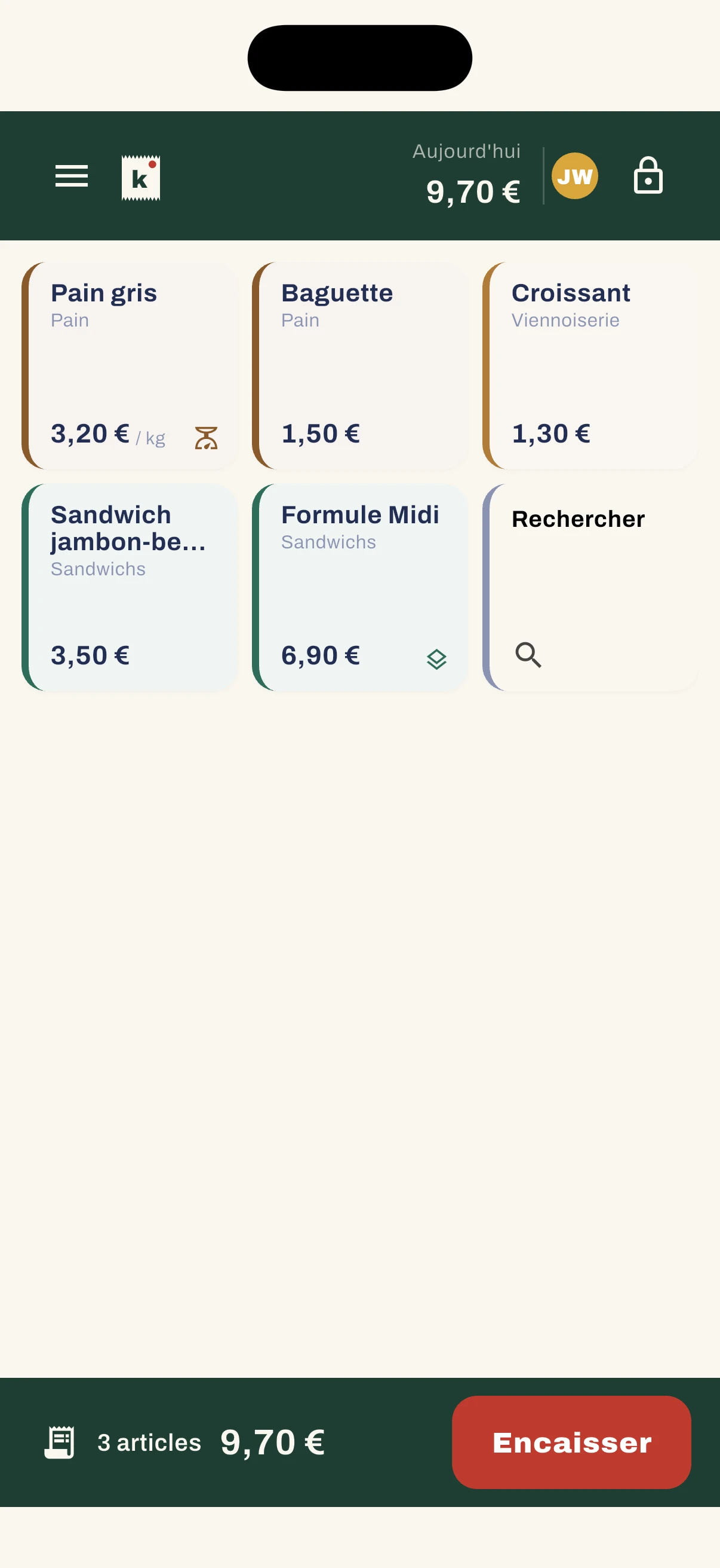 Verkoopscherm op smartphone: rooster in drie kolommen met Pain gris, Baguette, Croissant, Sandwich jambon-beurre en Formule Midi, winkelmandje van 9,70 €.