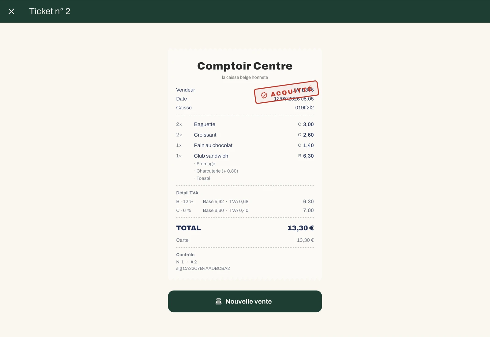 Ticket de caisse : détail de la TVA à 6 % et 12 %, total de 13,30 €, paiement par carte et signature de contrôle.